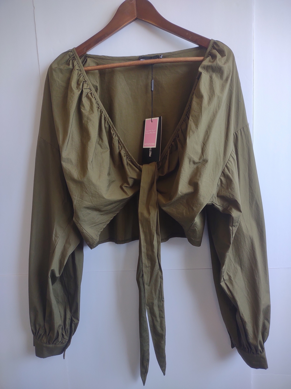 PrettyLittleThings Olive Tie-Front Cotton Crop Top NWT